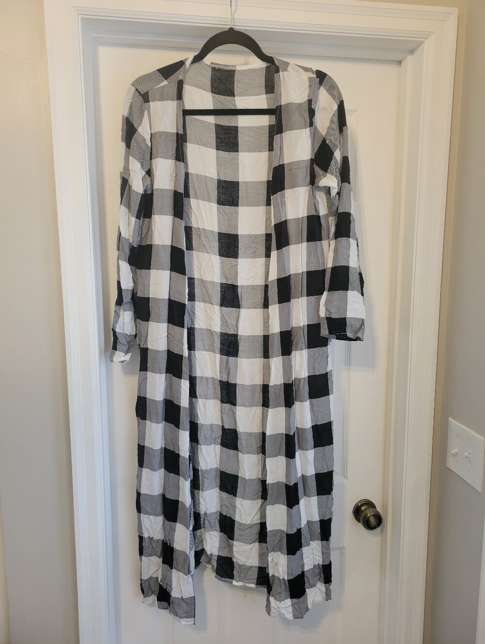 Amazon Women's Black & White Fall Buffalo Check Duster Cardigan, Long Length